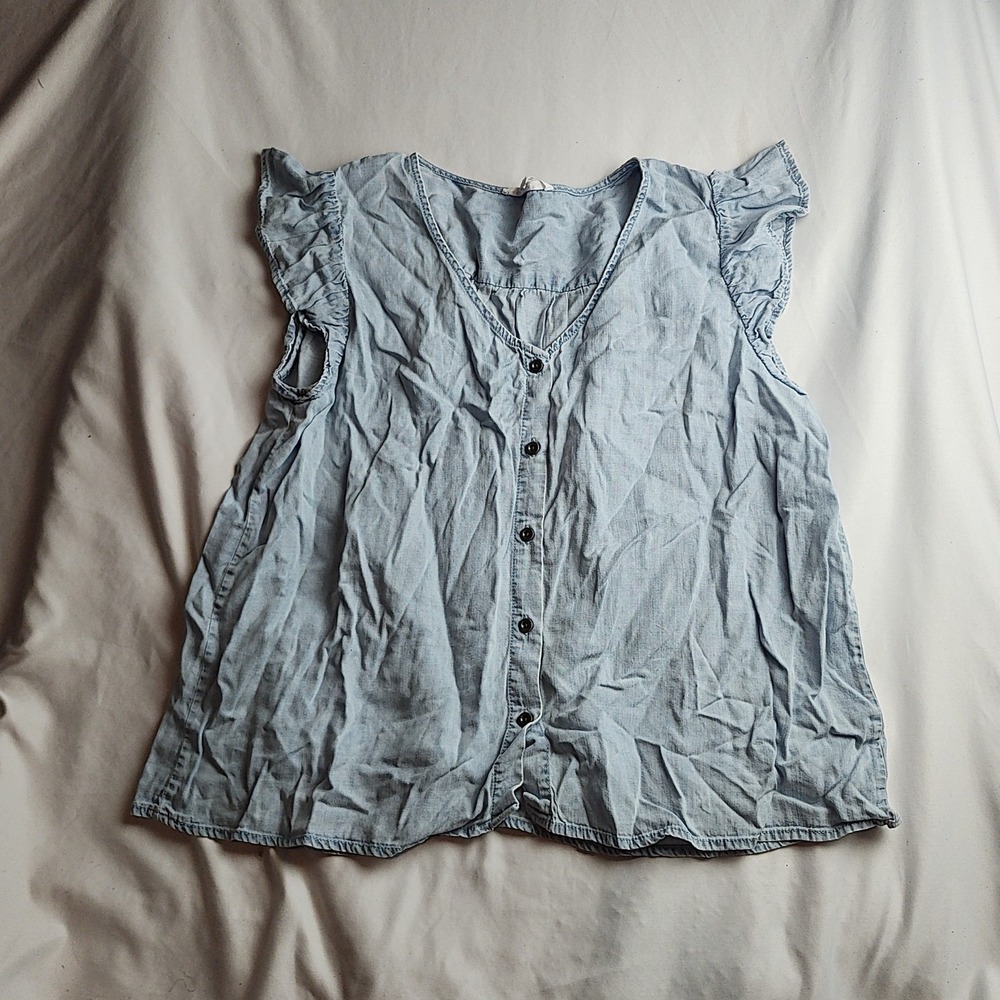 Jane + Delance Chambray Button-Front Ruffle Sleeve Blouse Light Blue Women's